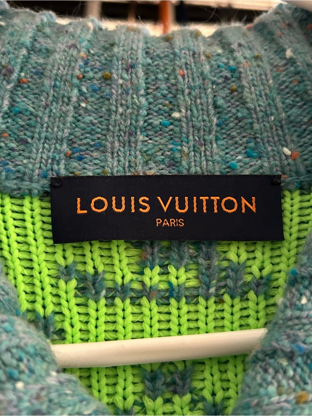 Louis Vuitton mens' neon Green & Aqua Logo Knit Cardigan Jacket - Picture 3 of 9